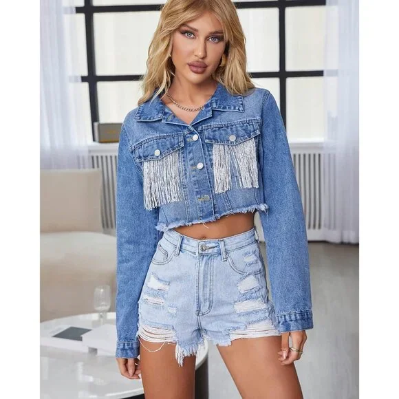 Women’s Crop Denim Jacket Tassel Casual Jean Coat With Fringe S107Dark Blue